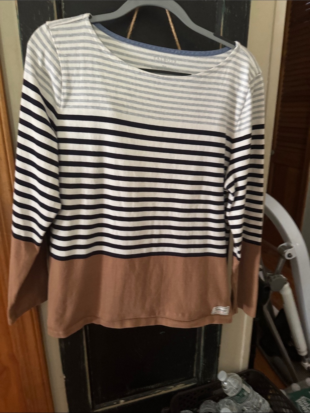 Talbots Striped Long Sleeve Top in White, Navy & Tan